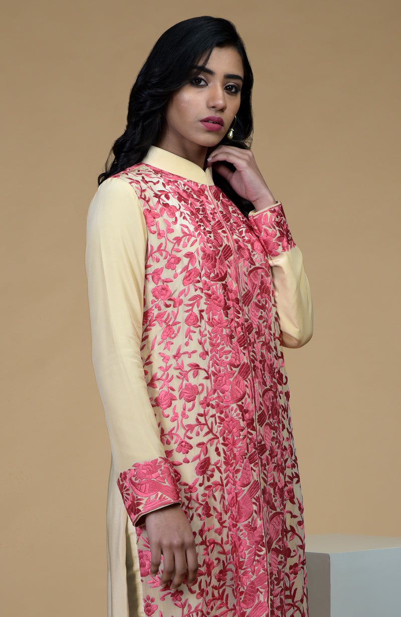 Beige Rose Parsi Gara Embroidered Jacket Set