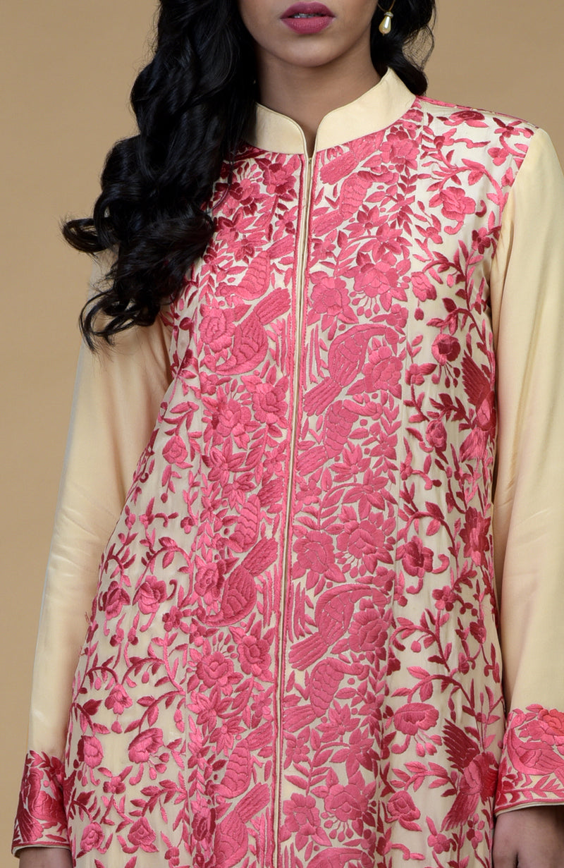 Beige Rose Parsi Gara Embroidered Jacket Set