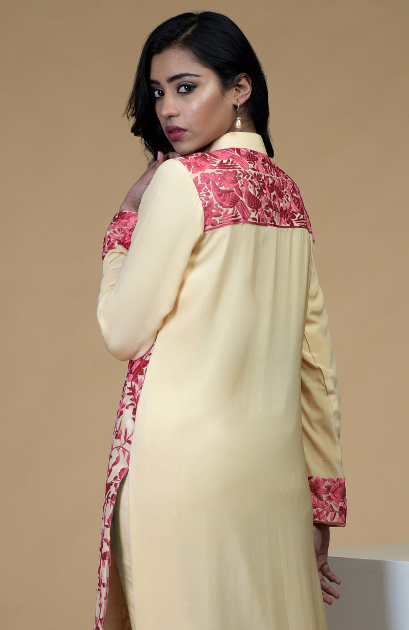 Beige Rose Parsi Gara Embroidered Jacket Set