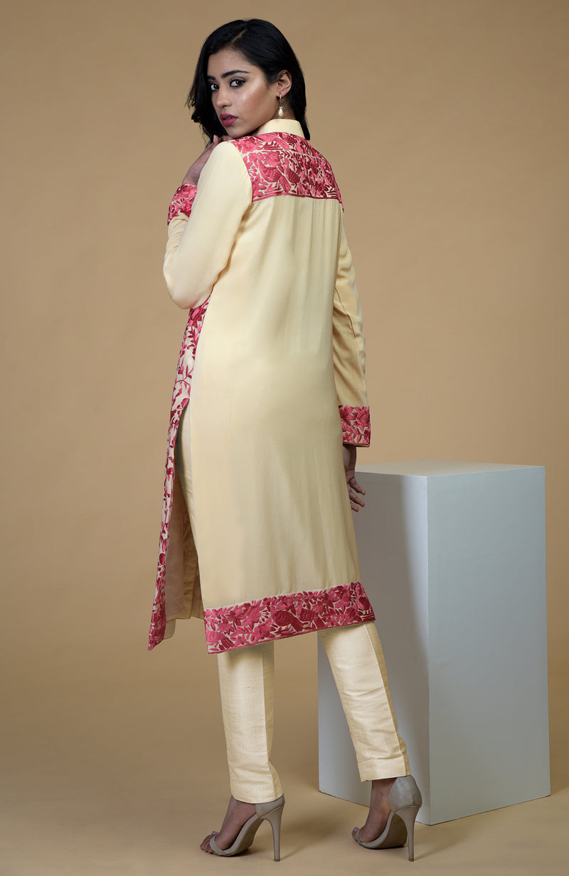 Beige Rose Parsi Gara Embroidered Jacket Set