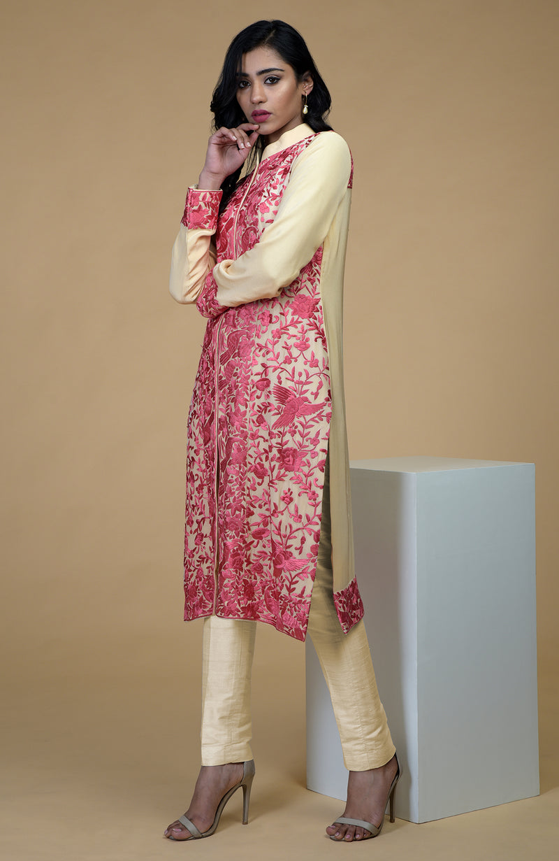 Beige Rose Parsi Gara Embroidered Jacket Set
