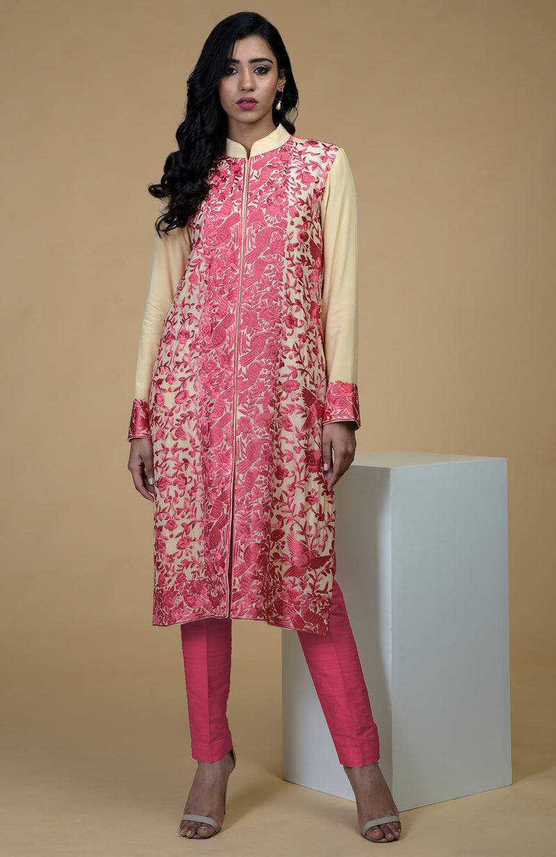 Beige Rose Parsi Gara Embroidered Jacket Set