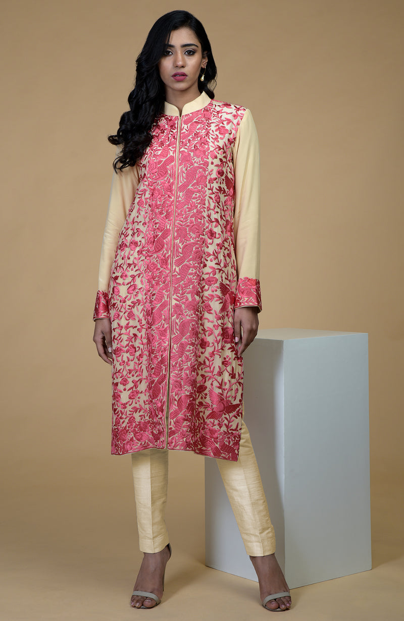 Beige Rose Parsi Gara Embroidered Jacket Set