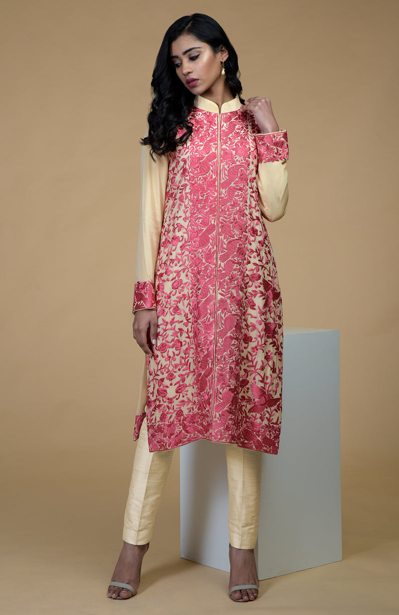Beige Rose Parsi Gara Embroidered Jacket Set