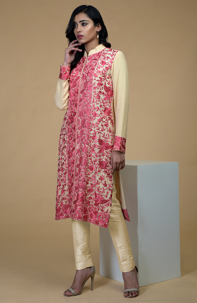 Beige Rose Parsi Gara Embroidered Jacket Set