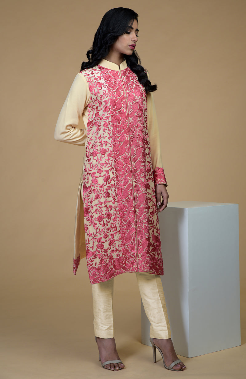 Beige Rose Parsi Gara Embroidered Jacket Set