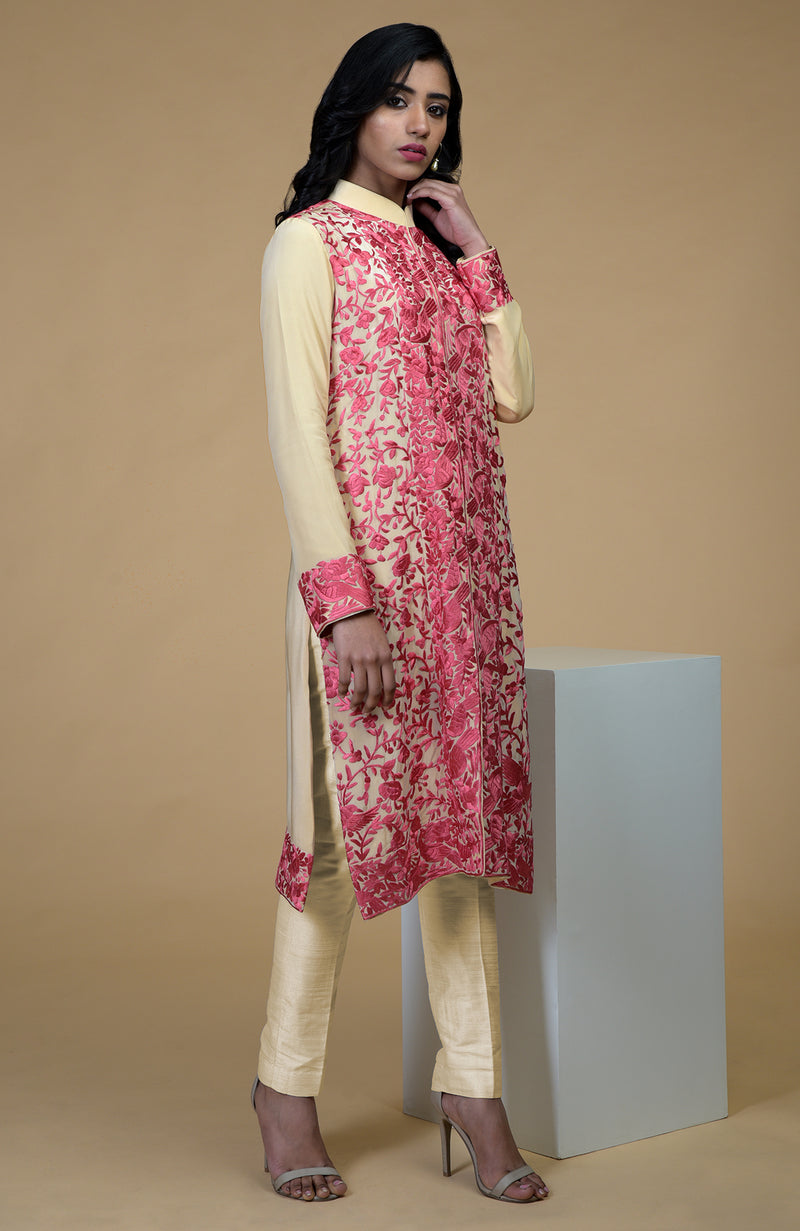 Beige Rose Parsi Gara Embroidered Jacket Set