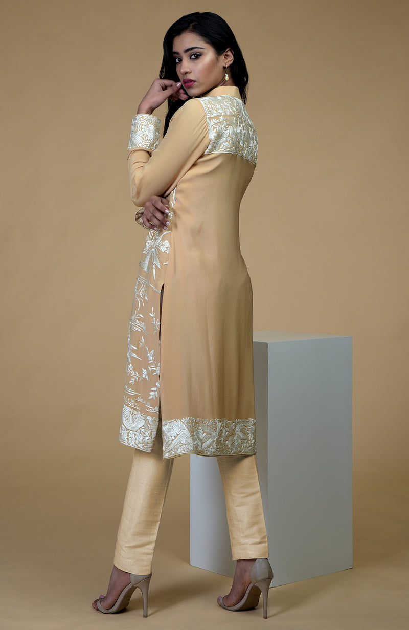 Fawn Ivory Parsi Gara Embroidered Jacket Set
