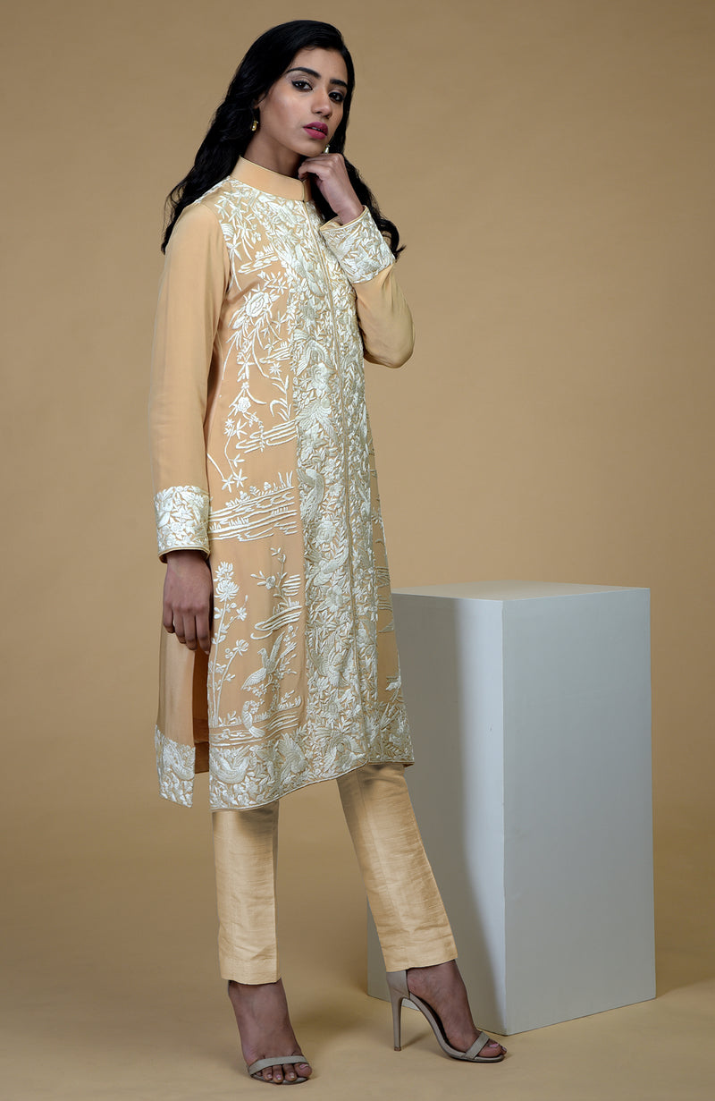 Fawn Ivory Parsi Gara Embroidered Jacket Set