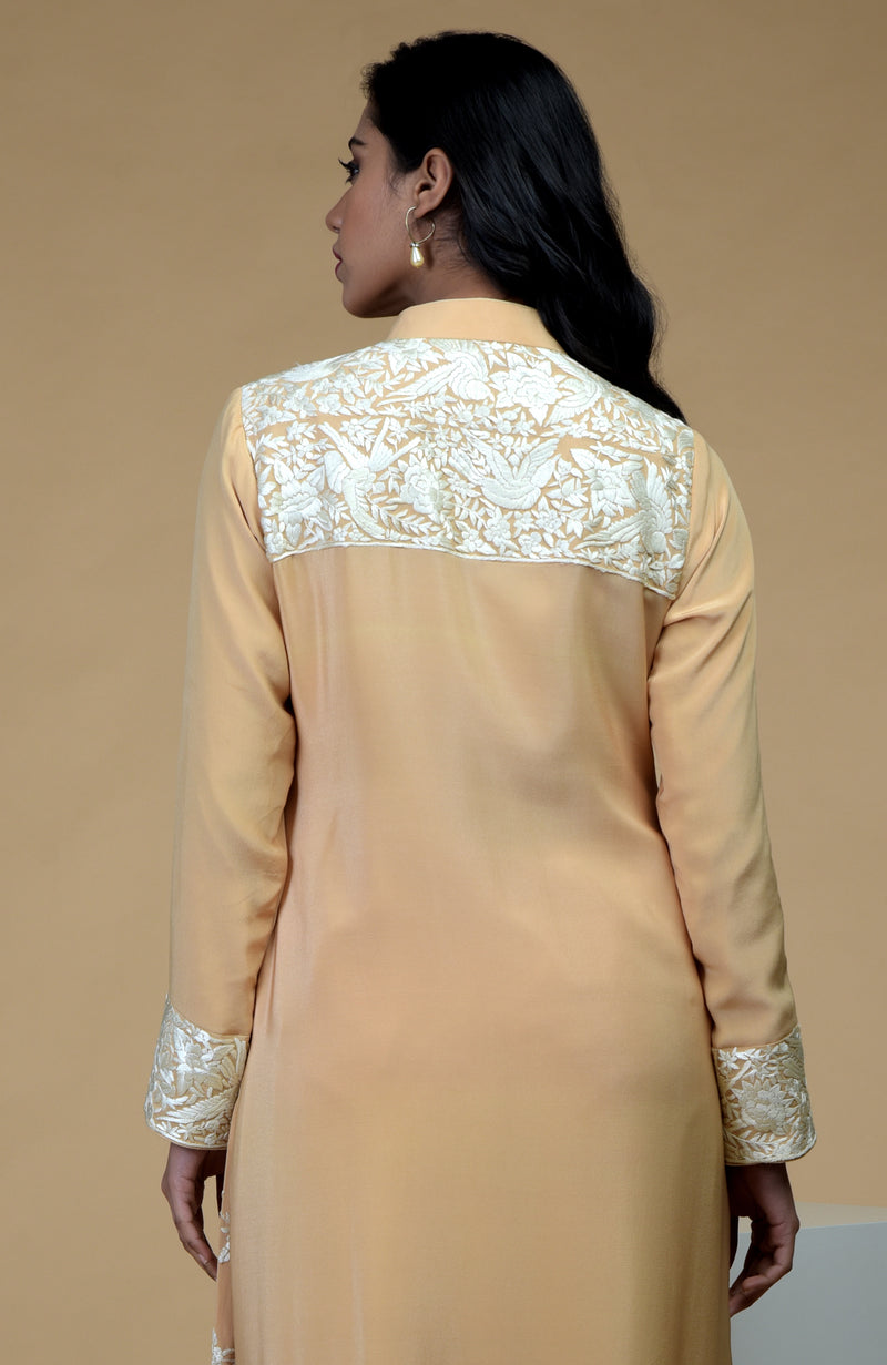 Fawn Ivory Parsi Gara Embroidered Jacket Set