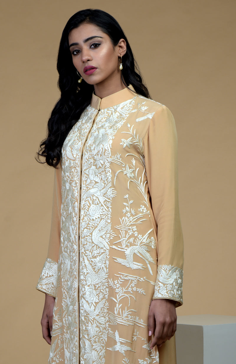 Fawn Ivory Parsi Gara Embroidered Jacket Set