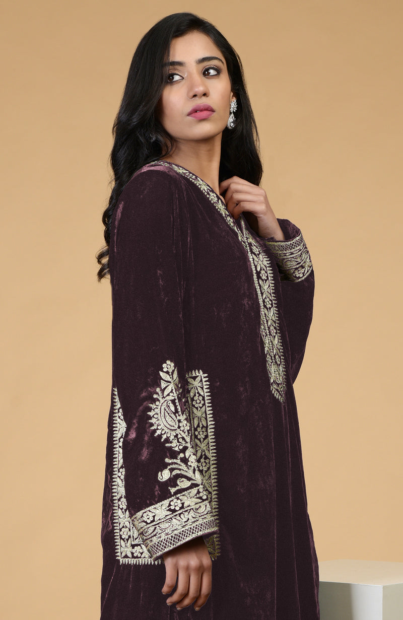 Mulled Wine Kashmiri Tilla Embroidered Choga Kurta Set