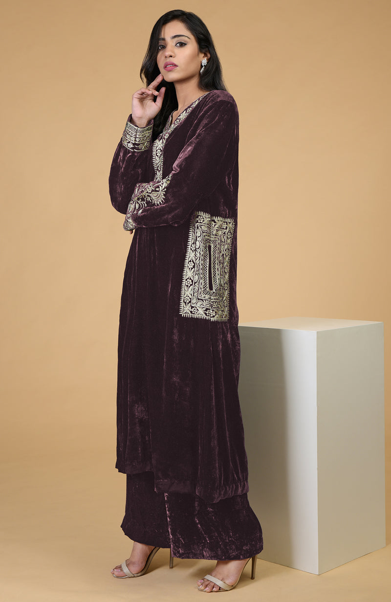 Mulled Wine Kashmiri Tilla Embroidered Choga Kurta Set