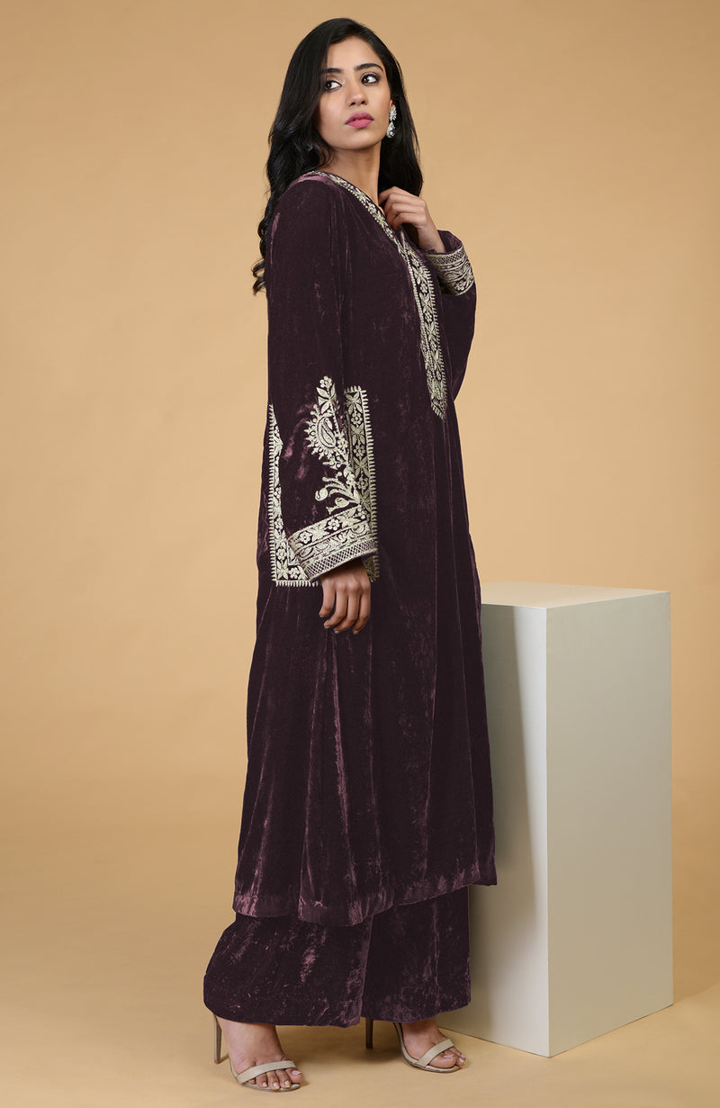 Mulled Wine Kashmiri Tilla Embroidered Choga Kurta Set
