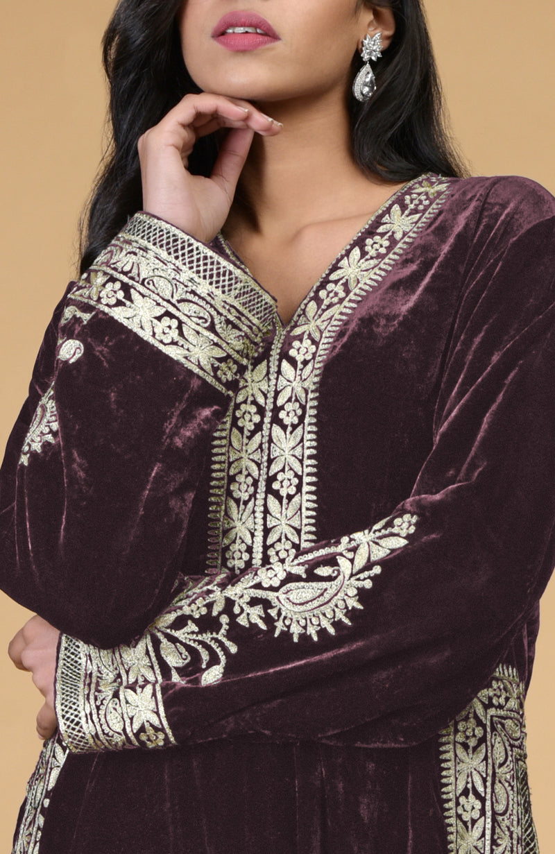 Mulled Wine Kashmiri Tilla Embroidered Choga Kurta Set