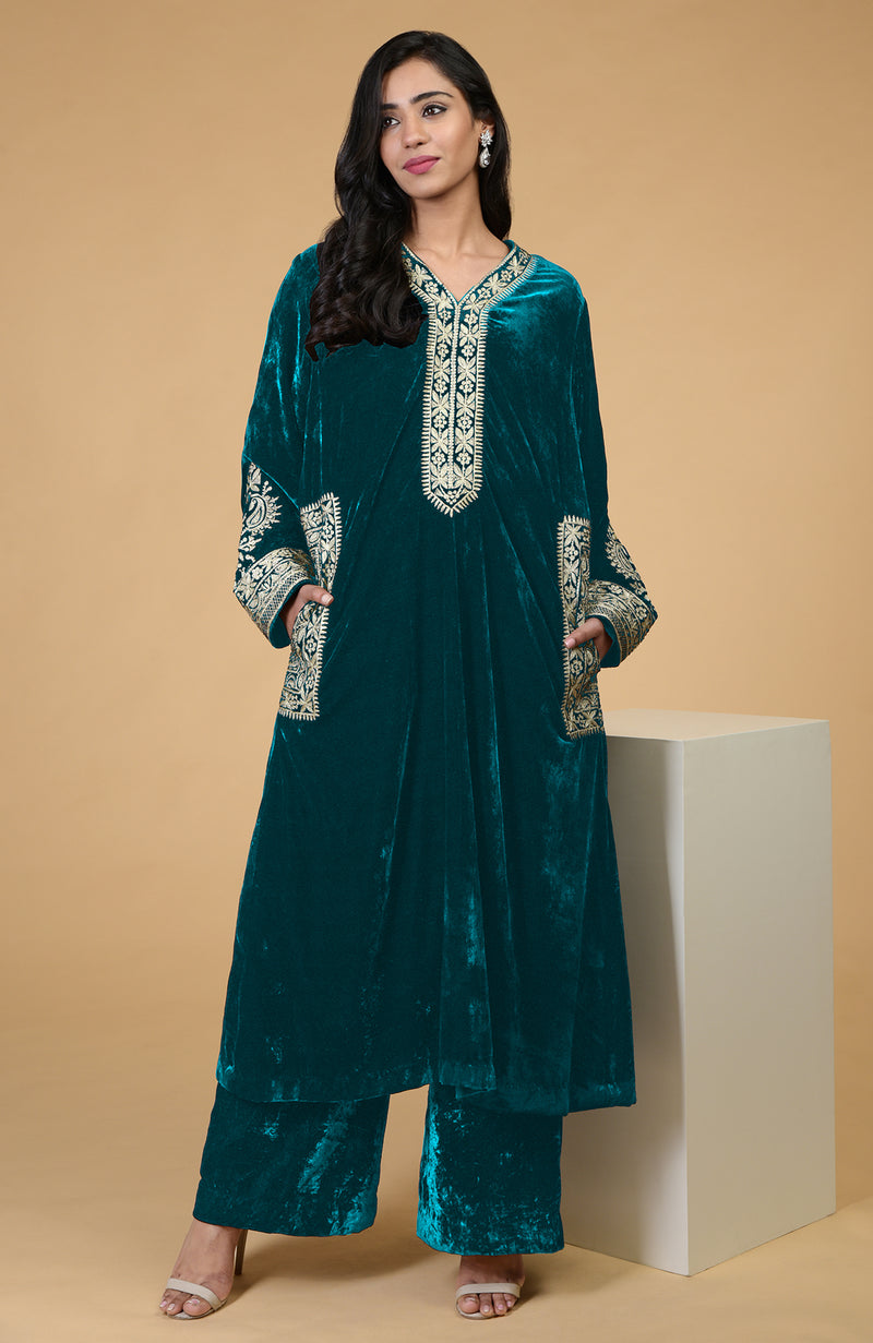 Mulled Wine Kashmiri Tilla Embroidered Choga Kurta Set