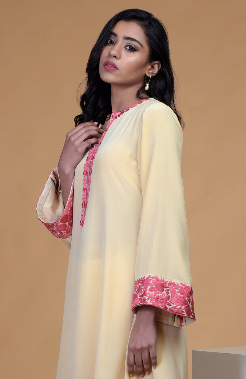 Beige Rose Parsi Gara Embroidered Kurta Set