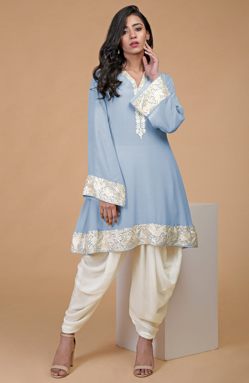 Dusty Blue Parsi Gara Embroidered Patiala Pants Suit