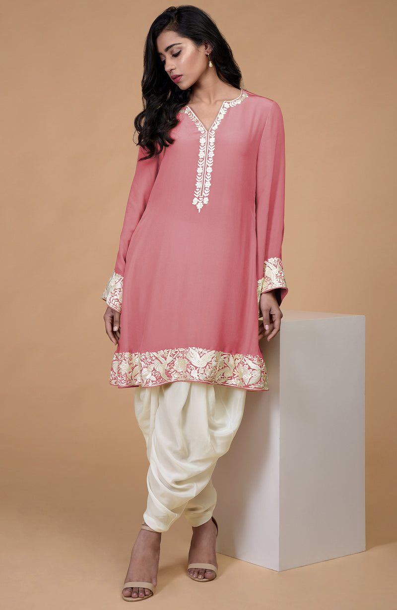 Flamingo Pink Parsi Gara Embroidered Patiala Pants Suit