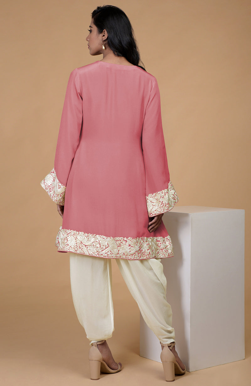 Flamingo Pink Parsi Gara Embroidered Patiala Pants Suit
