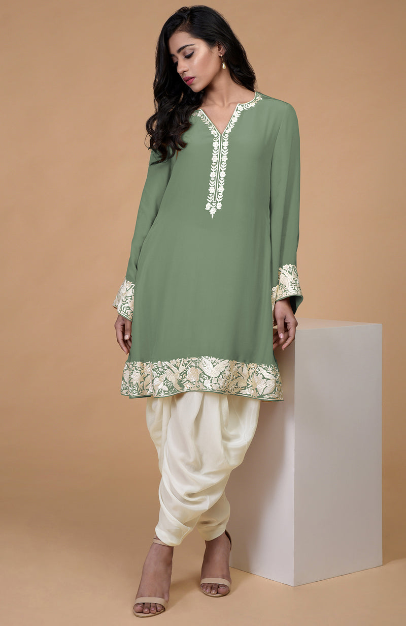 Sage Green Parsi Gara Embroidered Patiala Pants Suit