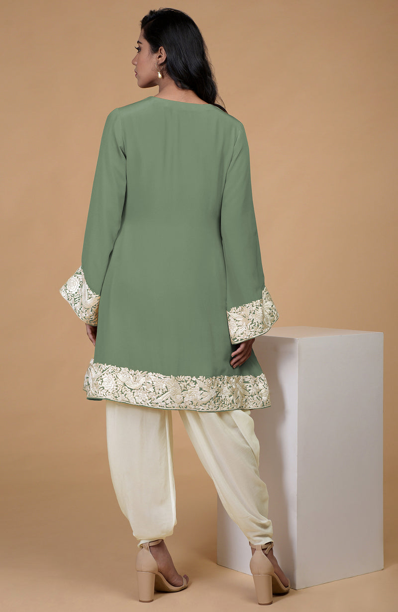 Sage Green Parsi Gara Embroidered Patiala Pants Suit