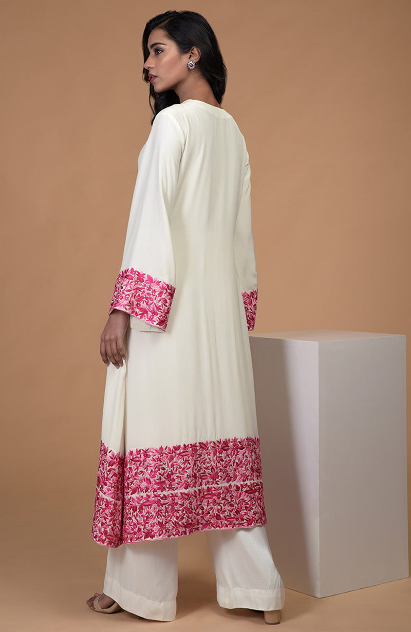 Ivory Pink Parsi Gara & Beads Embroidered Kurta Set
