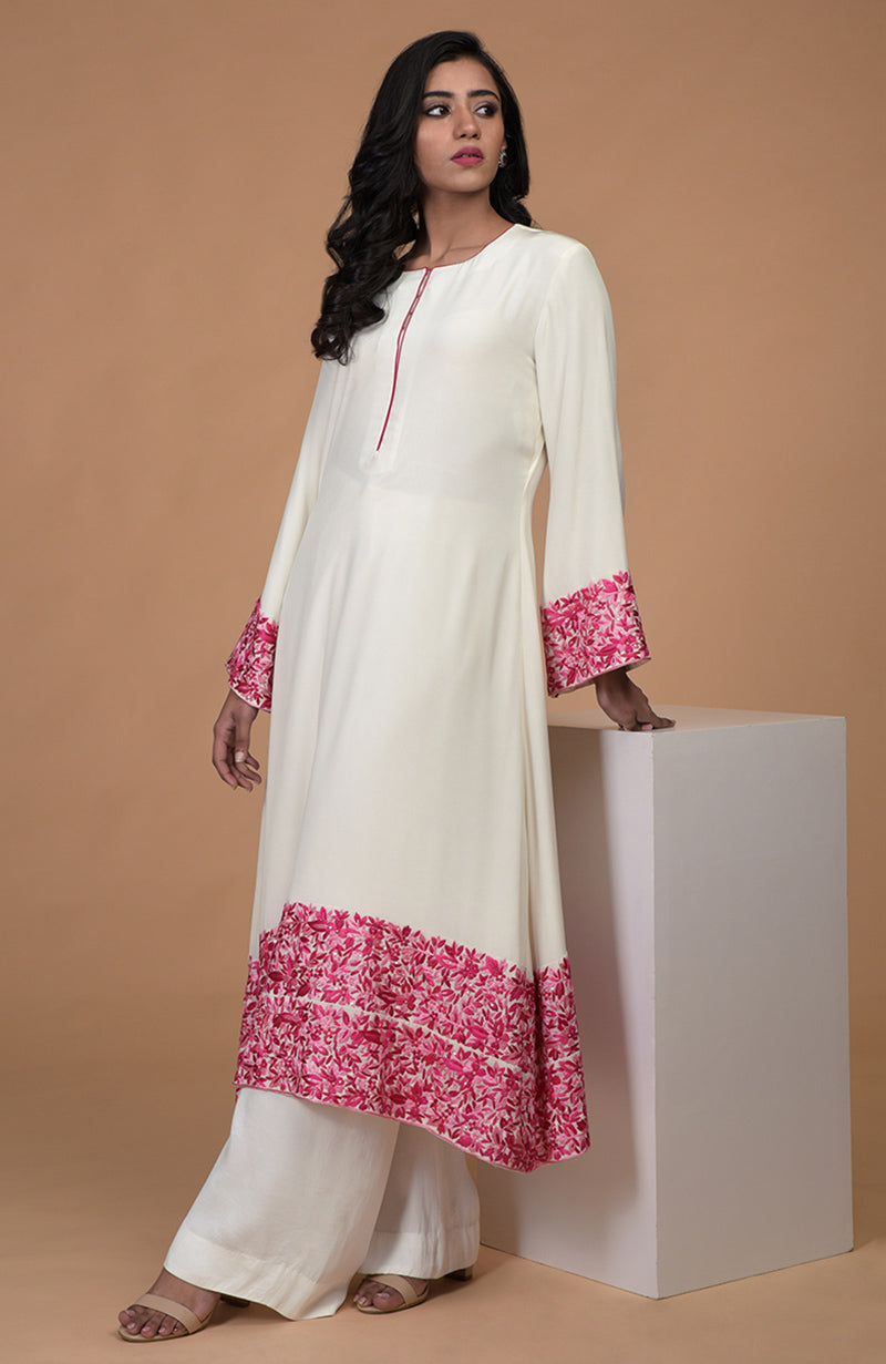 Ivory Pink Parsi Gara & Beads Embroidered Kurta Set