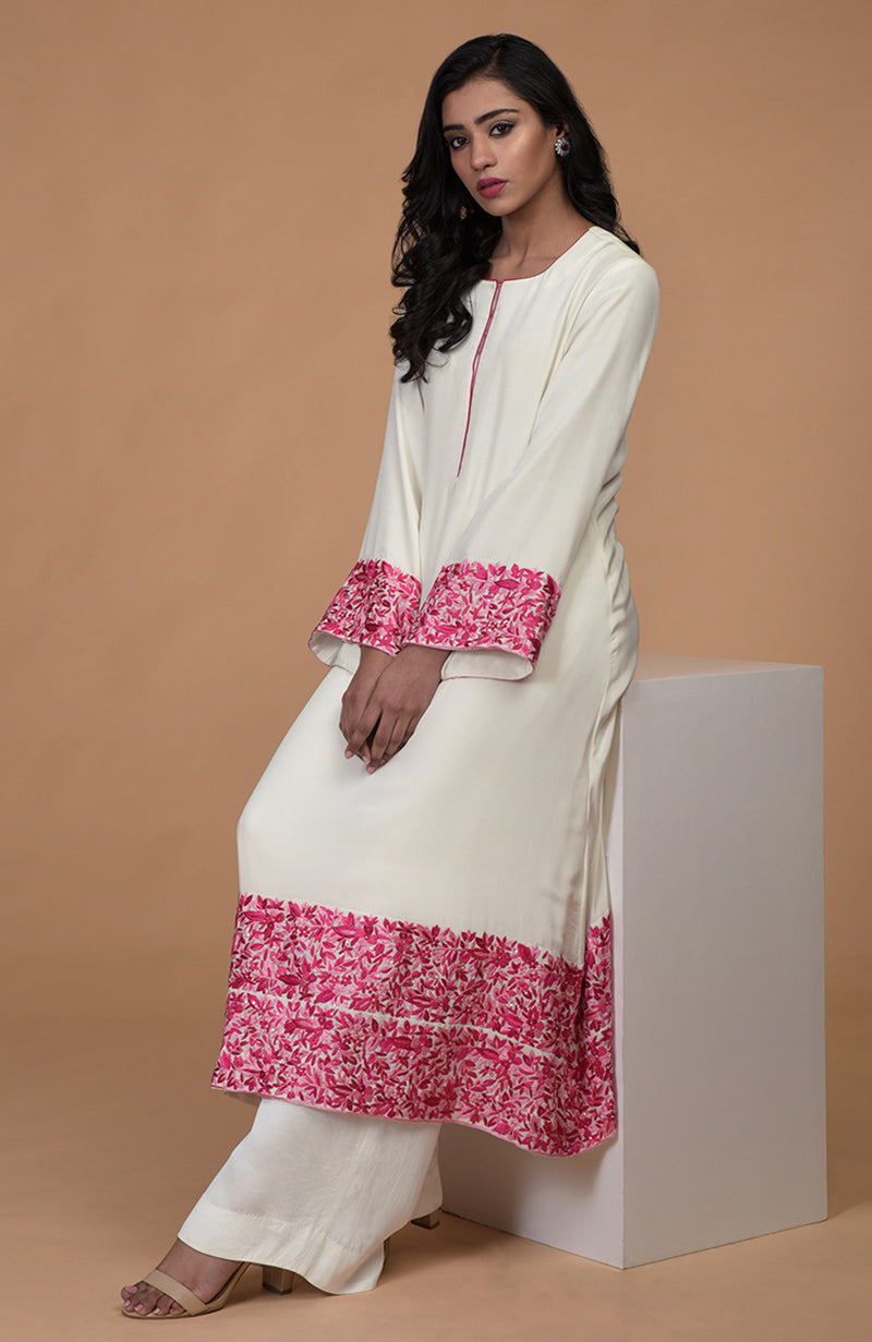 Ivory Pink Parsi Gara & Beads Embroidered Kurta Set