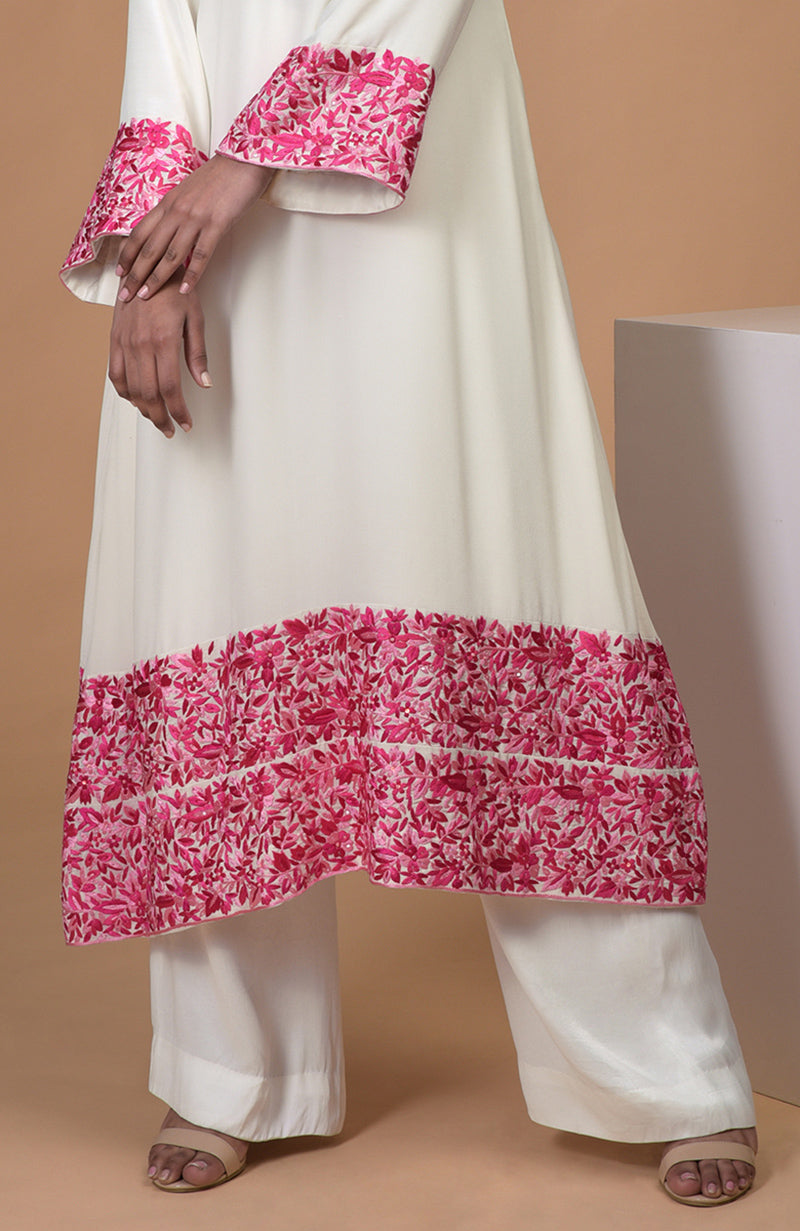 Ivory Pink Parsi Gara & Beads Embroidered Kurta Set