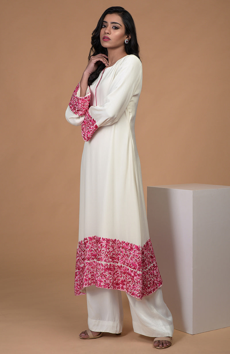 Ivory Pink Parsi Gara & Beads Embroidered Kurta Set