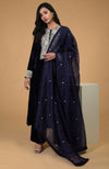 Midnight Blue Silver Kashmiri Tilla Embroidered Kurta Set With Dupatta