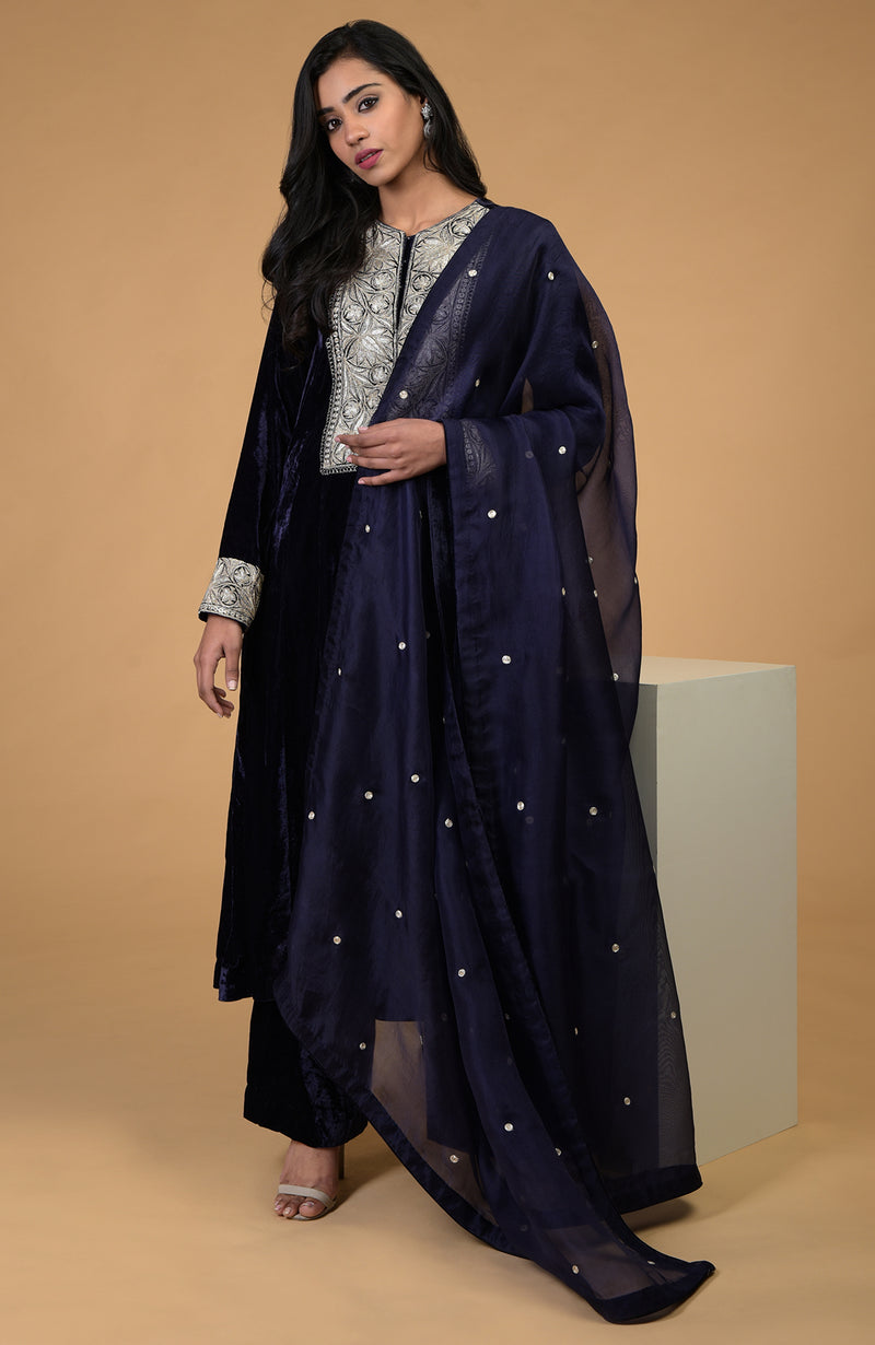 Midnight Blue Silver Kashmiri Tilla Embroidered Kurta Set With Dupatta