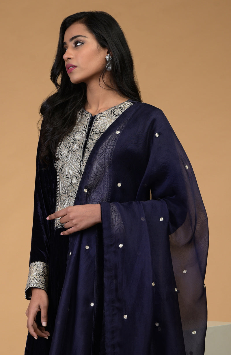 Midnight Blue Silver Kashmiri Tilla Embroidered Kurta Set With Dupatta