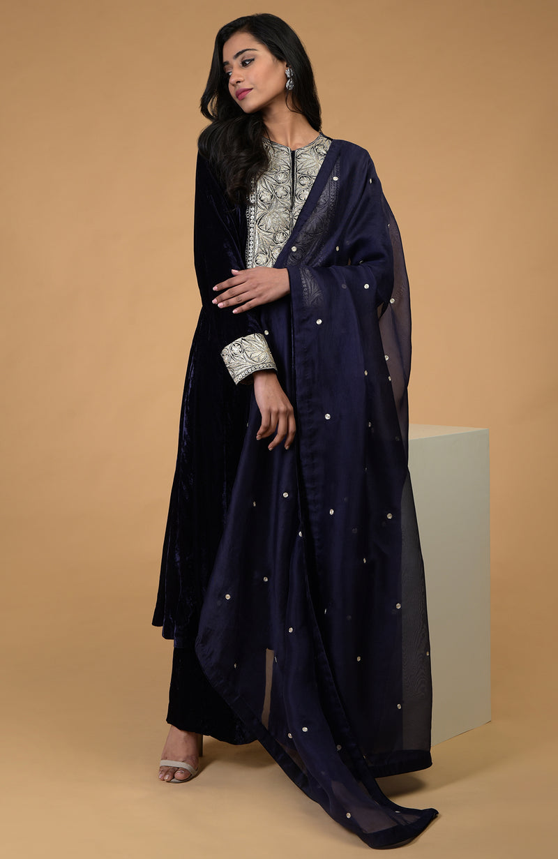Midnight Blue Silver Kashmiri Tilla Embroidered Kurta Set With Dupatta