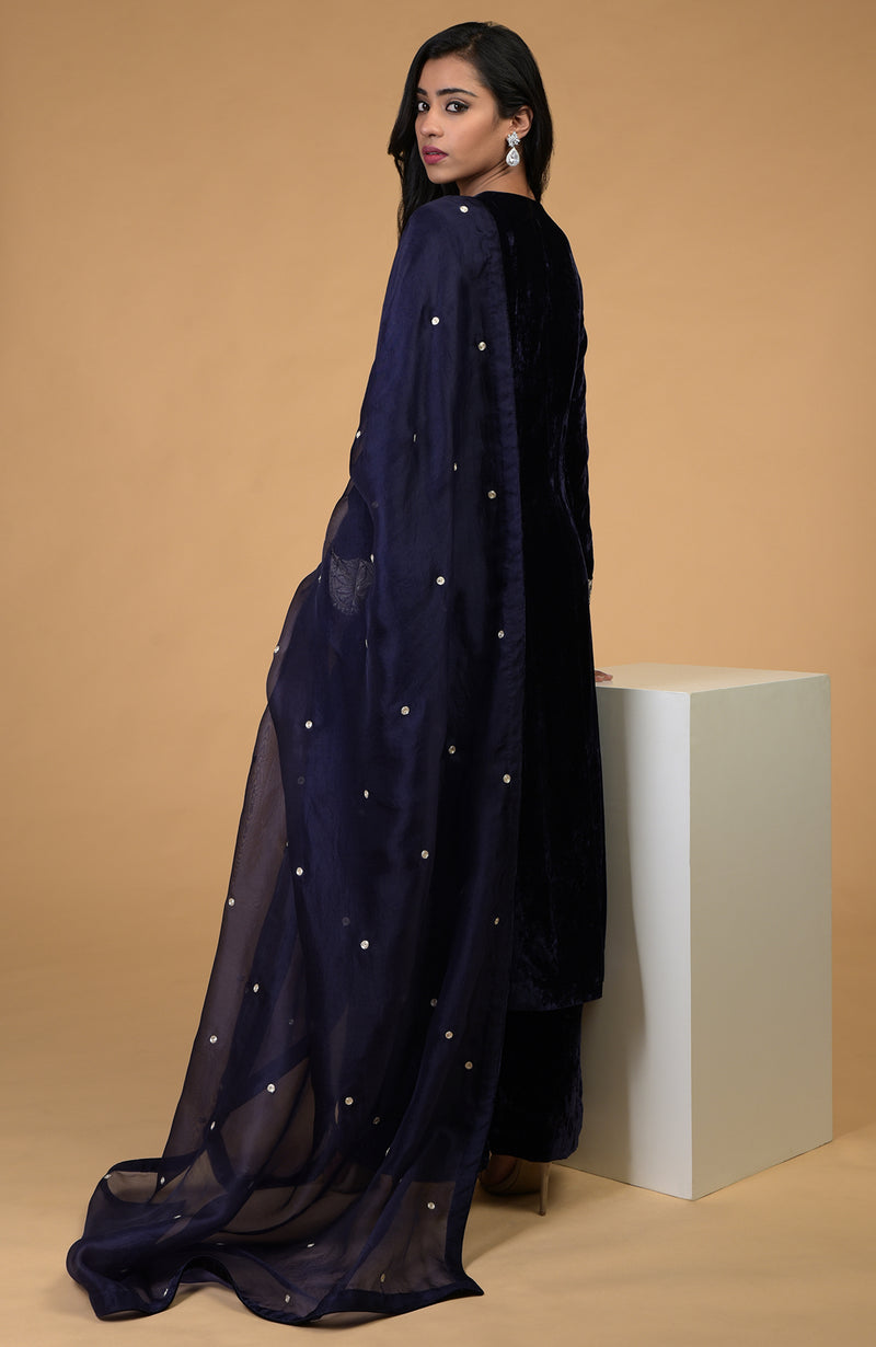 Midnight Blue Silver Kashmiri Tilla Embroidered Kurta Set With Dupatta