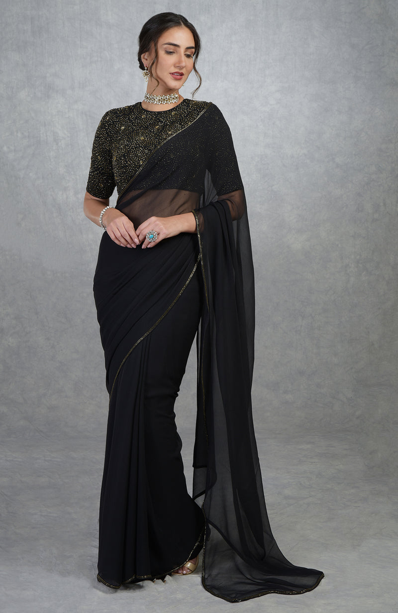 TARA - Black Gold Hand Embroidered Saree & Blouse