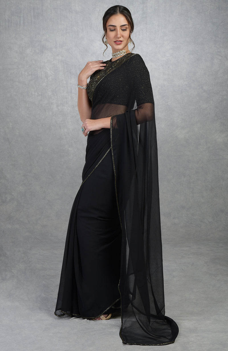TARA - Black Gold Hand Embroidered Saree & Blouse