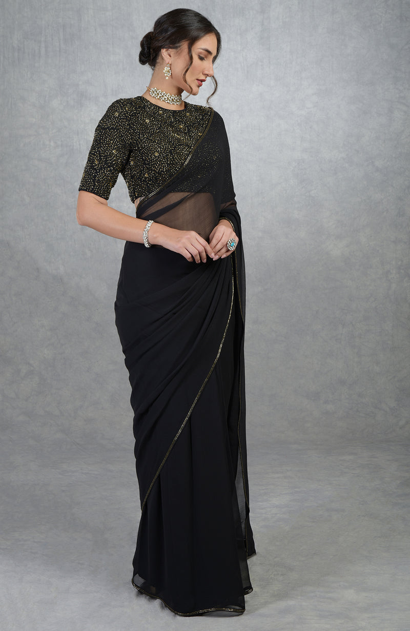 TARA - Black Gold Hand Embroidered Saree & Blouse