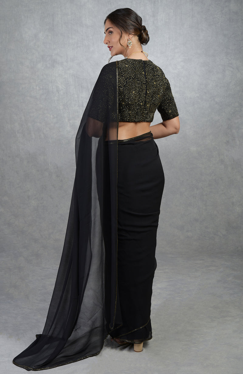 TARA - Black Gold Hand Embroidered Saree & Blouse