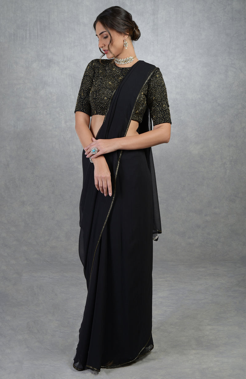 TARA - Black Gold Hand Embroidered Saree & Blouse
