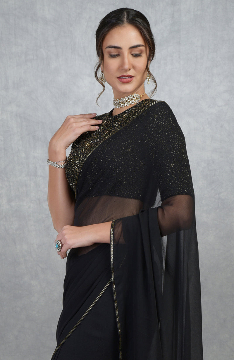 TARA - Black Gold Hand Embroidered Saree & Blouse