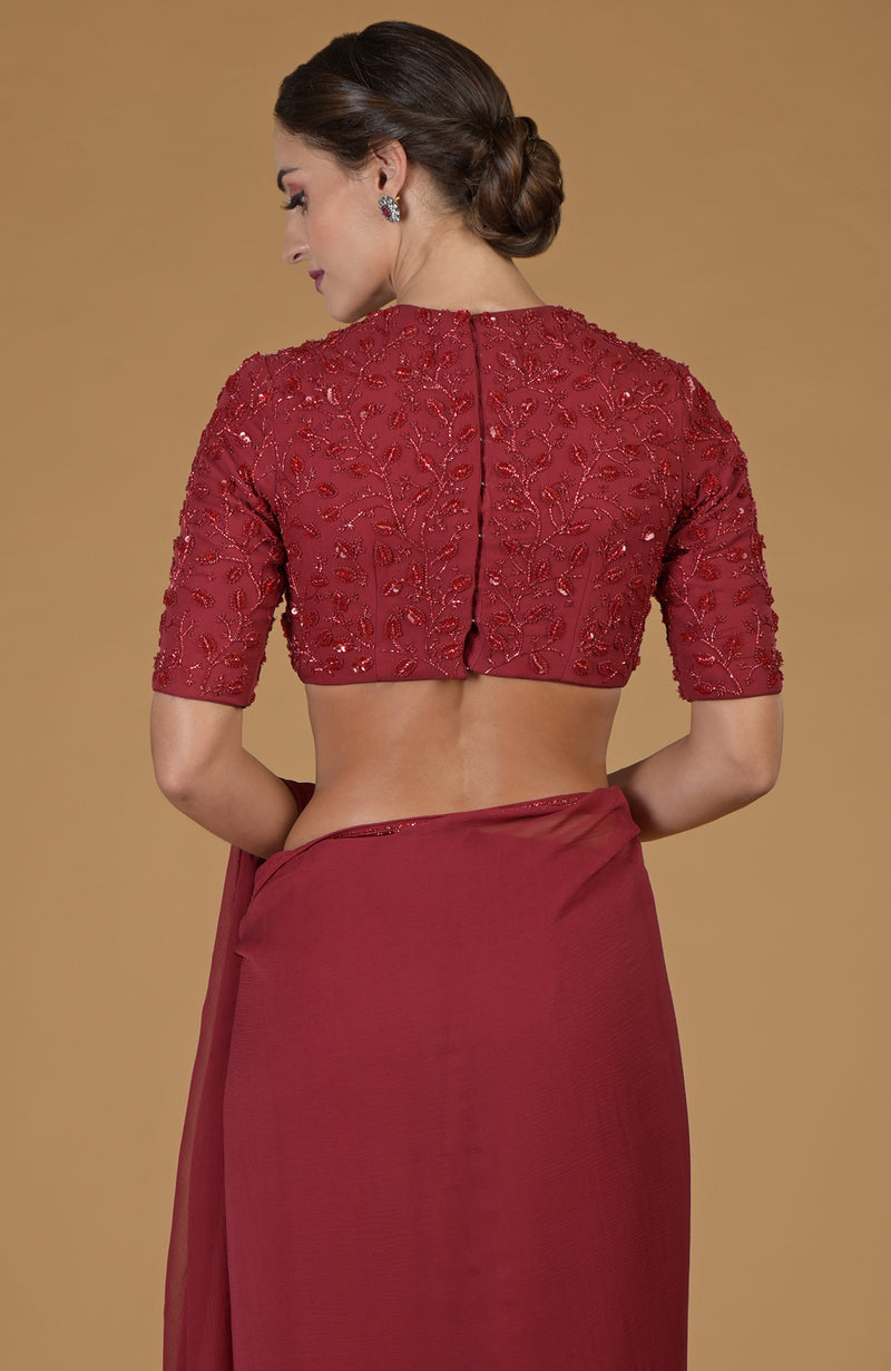 TARA - Red Foliage Hand Embroidered Saree & Blouse