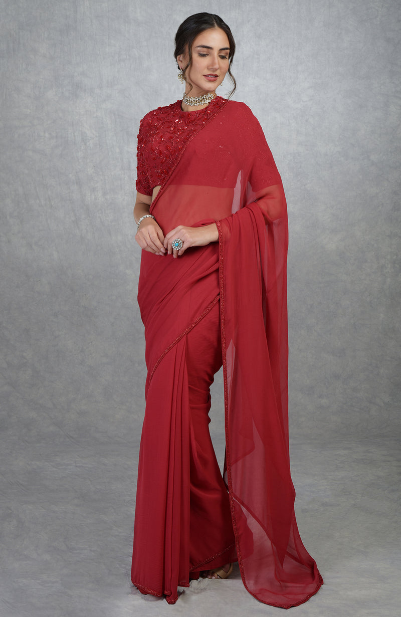 TARA - Red Foliage Hand Embroidered Saree & Blouse