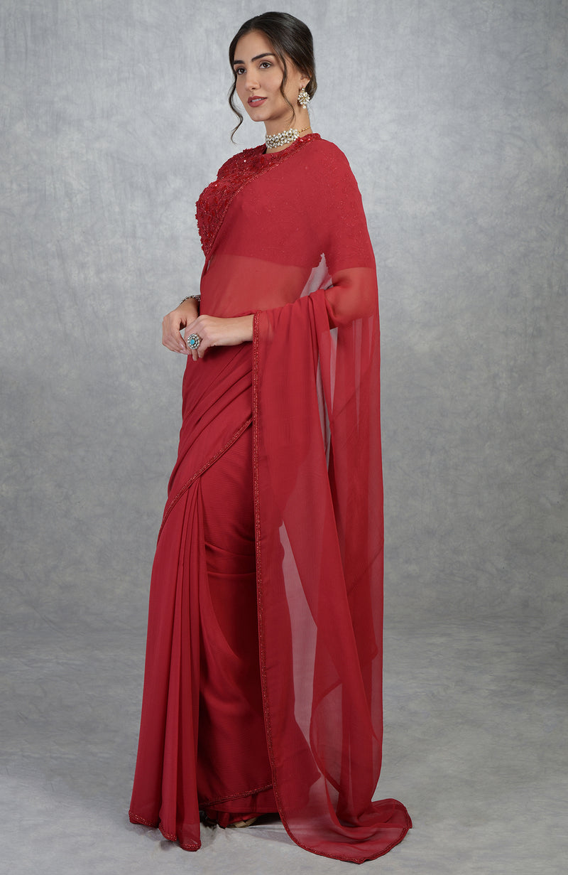 TARA - Red Foliage Hand Embroidered Saree & Blouse
