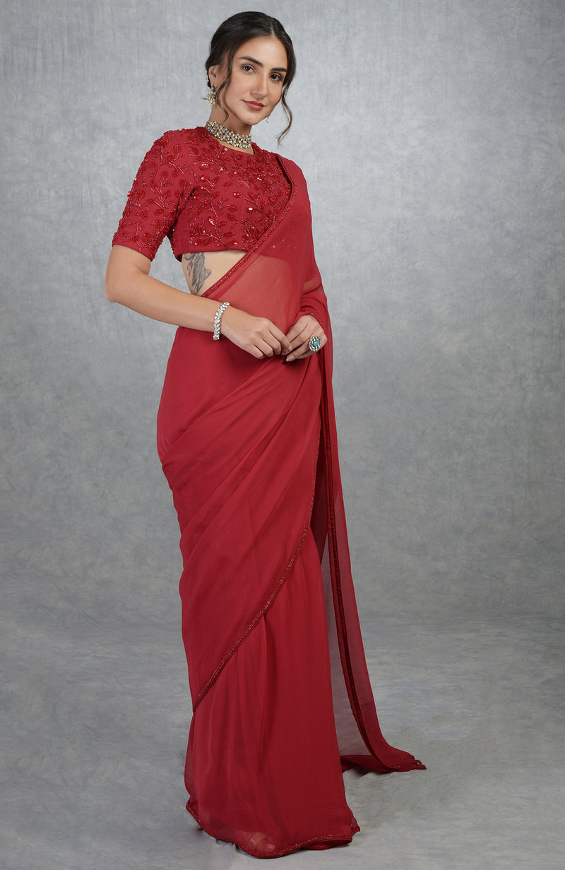 TARA - Red Foliage Hand Embroidered Saree & Blouse