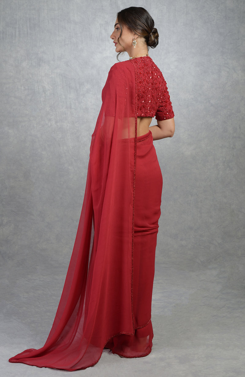 TARA - Red Foliage Hand Embroidered Saree & Blouse