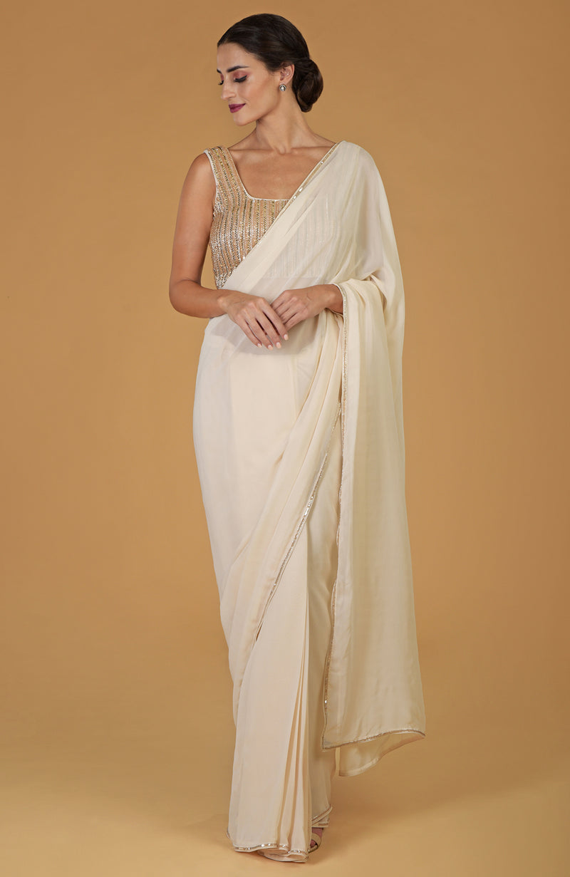 Tara - Champagne Gold Hand Embroidered Saree & Blouse
