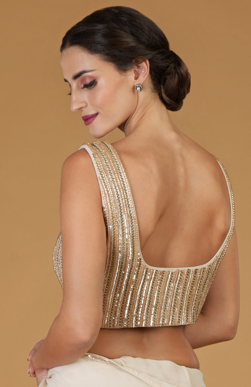 Tara - Champagne Gold Hand Embroidered Saree & Blouse