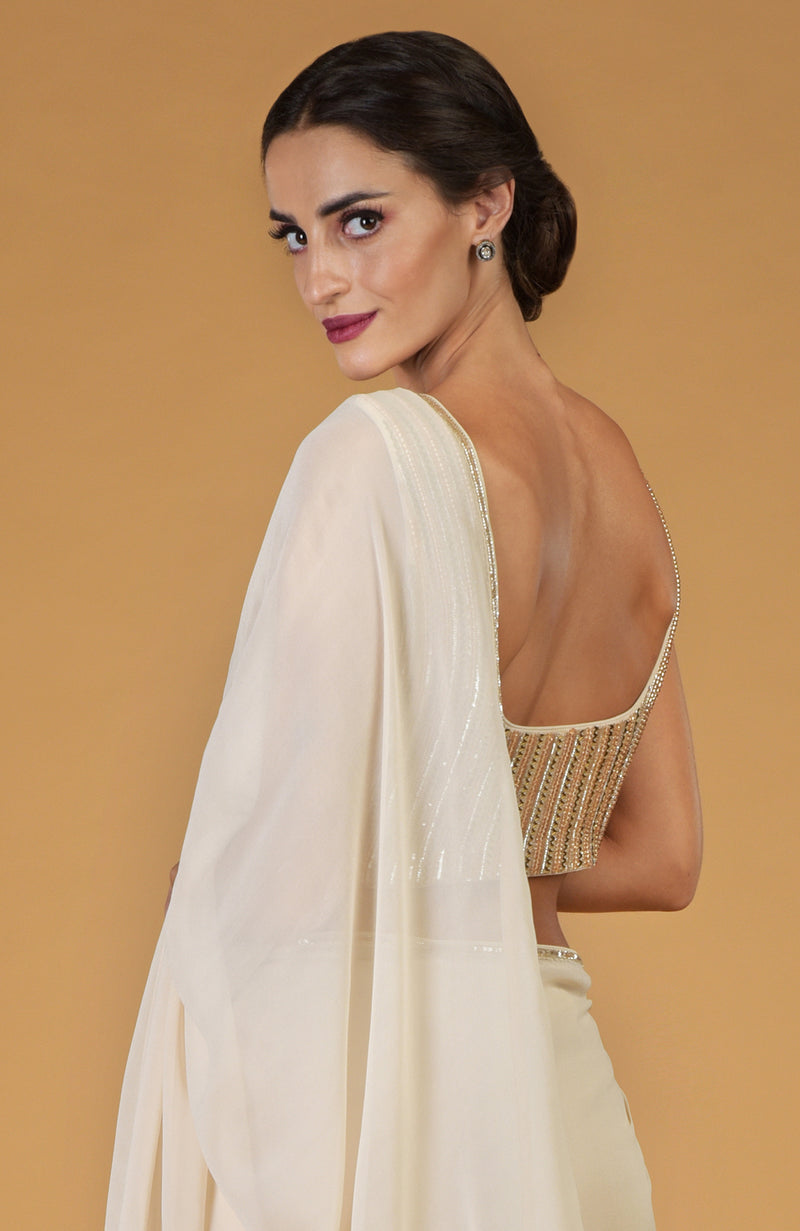 Tara - Champagne Gold Hand Embroidered Saree & Blouse